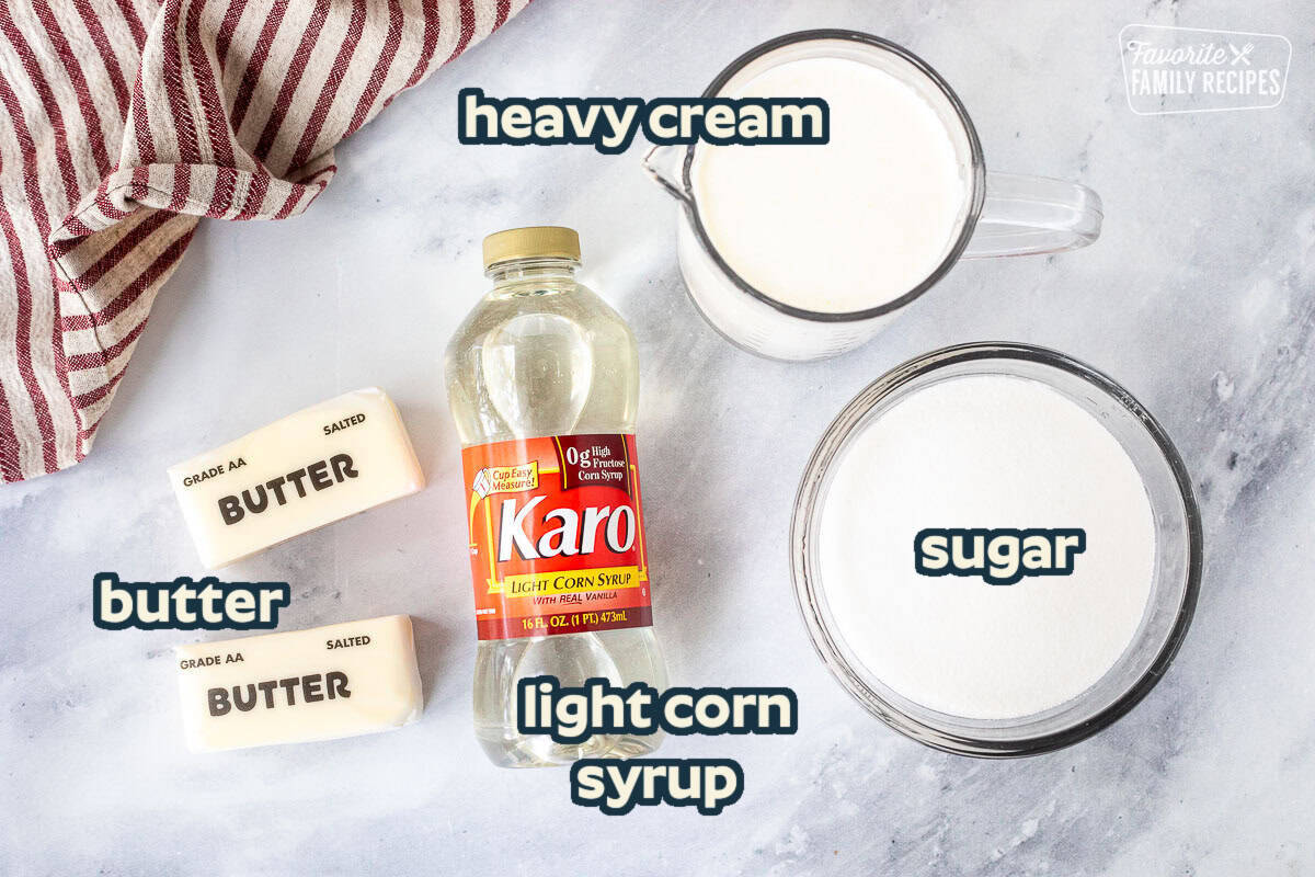 Ingredients to make Mom's homemade caramels including corn syrup, butter, sugar and heavy whipping cream.