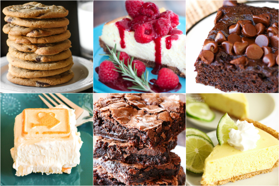 Collage of desserts including cheesecake, brownies, and cookies