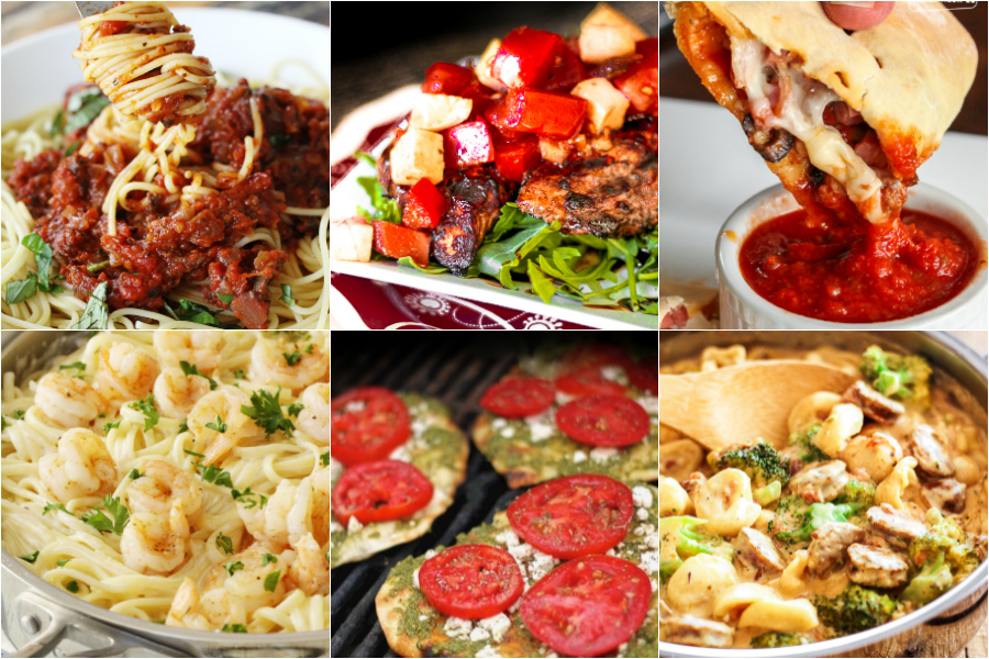 Collage of Italian recipes including spaghetti, calzones, and shrimp alfredo