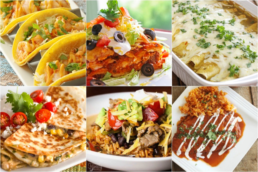 Mexican Meal Plan collage including shrimp tacos, steak fajita bowls, and enchiladas