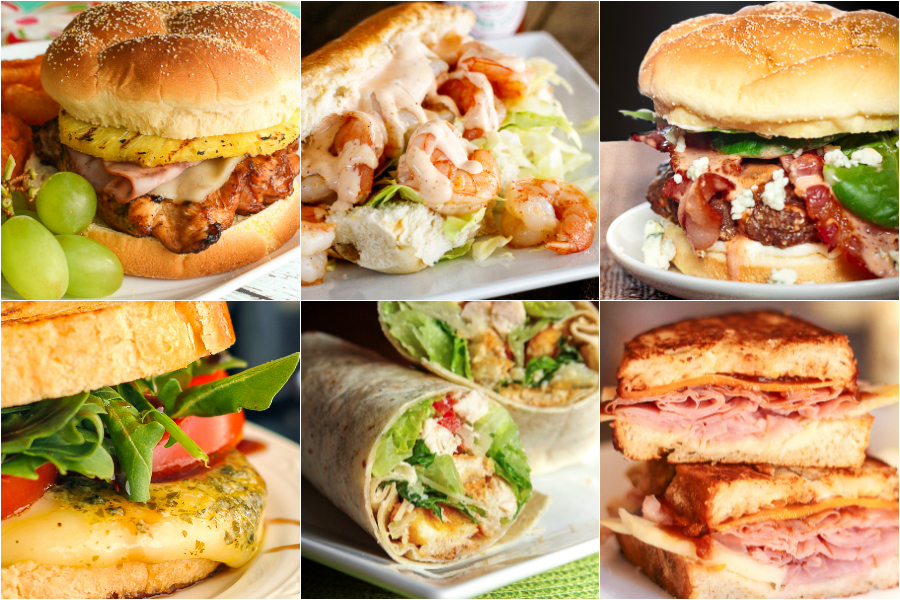 Collage of sandwiches, burgers, and wraps