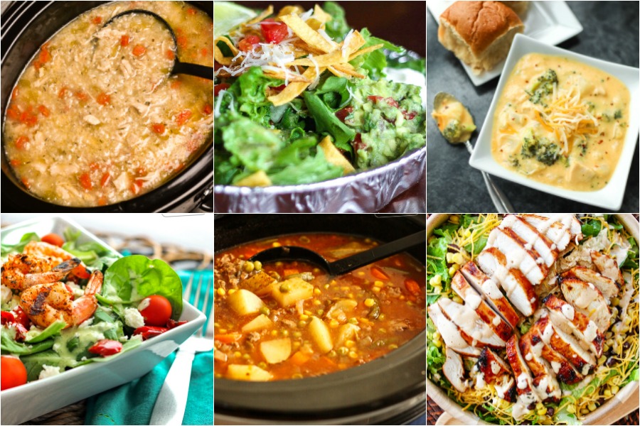 Collage of soups and salads including beef soup, shrimp salad, and BBQ chicken salad