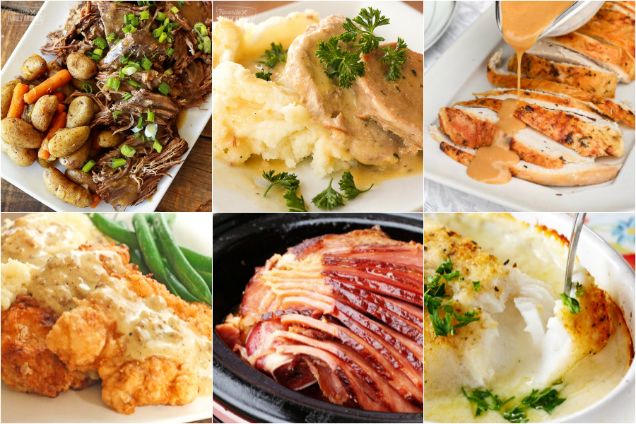Collage of Sunday dinner ideas including pot roast, turkey, and pork chops