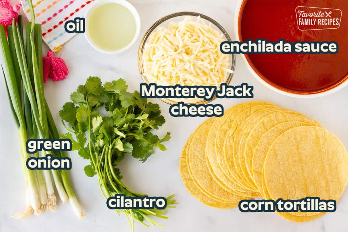 If you are looking for something simple and delicious for dinner, these Easy Cheese Enchiladas are perfect. Simple and full of flavor. And cheese! Ingredients to make Easy Cheese Enchilada including green onions, cilantro, cheese, tortillas, oil and homemade enchilada sauce.