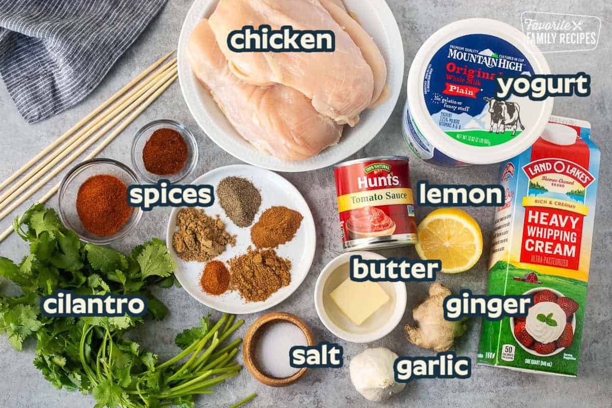 Ingredient to make Chicken Tikka Masala including chicken, yogurt, spices, cream, butter, garlic, cilantro, lemon juice