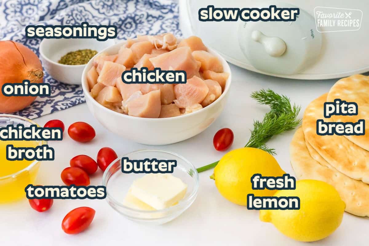 Ingredients for Chicken Gyro including chicken, onion, oregano, tomatoes, chicken broth, lemons, dill and flat bread.