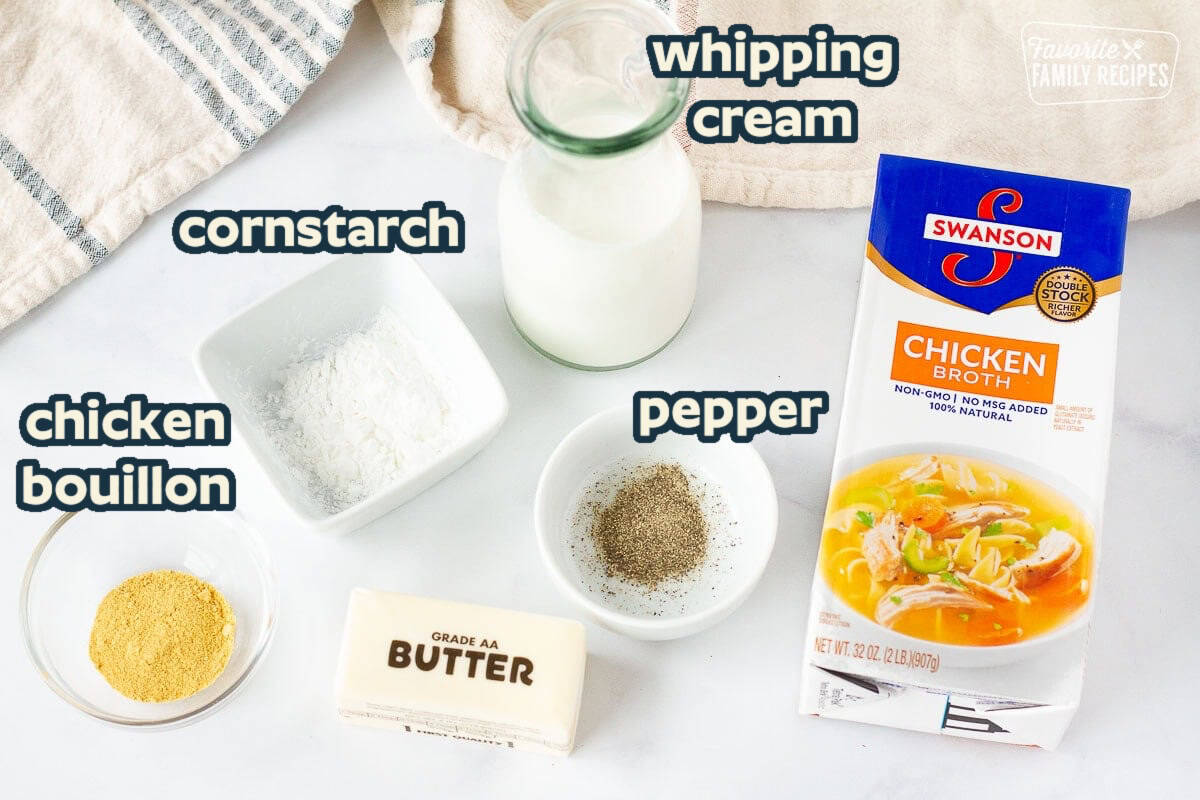 A display of ingredients in Chicken Cordon Bleu Sauce: Chicken broth, whipping cream, chicken bouillon, butter, cornstarch, pepper.
