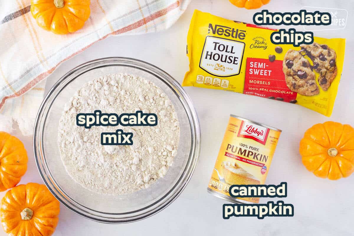 With just three simple ingredients, pumpkin drop cookies are quick and easy to make. Fluffy, chocolatey, and full of delicious (and healthy!) pumpkin. Chocolate chips, bowl of spice cake mix and a can of pumpkin to make Pumpkin Chocolate Chip Cookies.