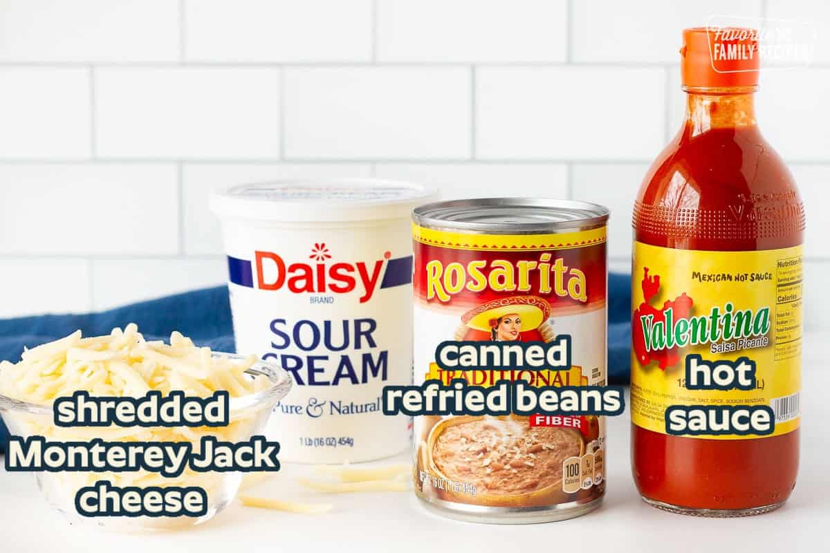 Refried beans, Valentina salsa picante, sour cream and Monterey Jack cheese for Restaurant Style Refried Beans.