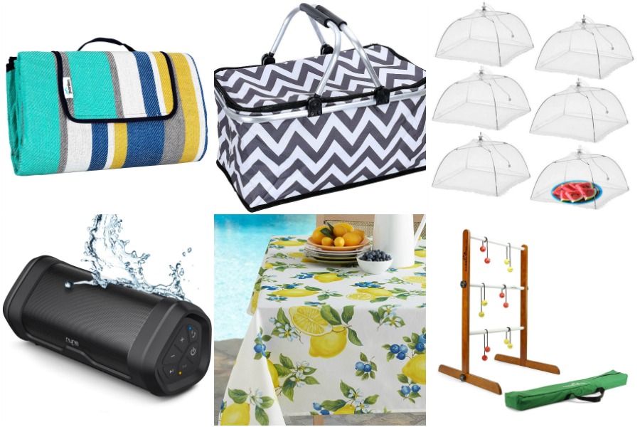 Collage of picnic gear including a picnic blanket, a basket, food covers, bluetooth speaker, tablecloth and ladder golf