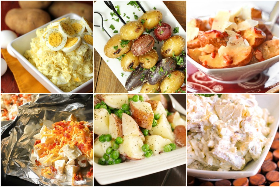 Potato Side dishes for a BBQ including potato salad, grilled potatoes, and foil wrapped potatoes