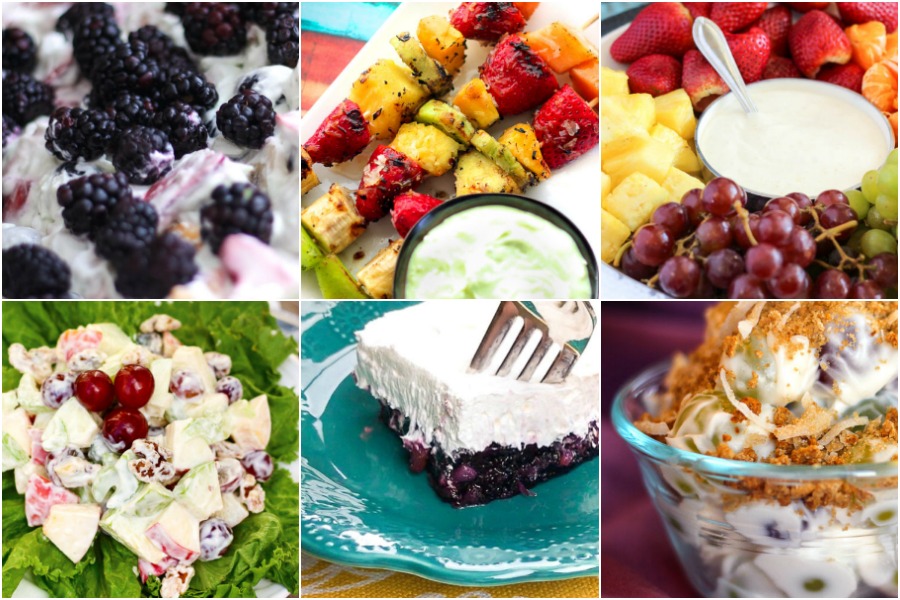 Collage with different fruit salads including yellow salad, waldorf salad, and grape salad
