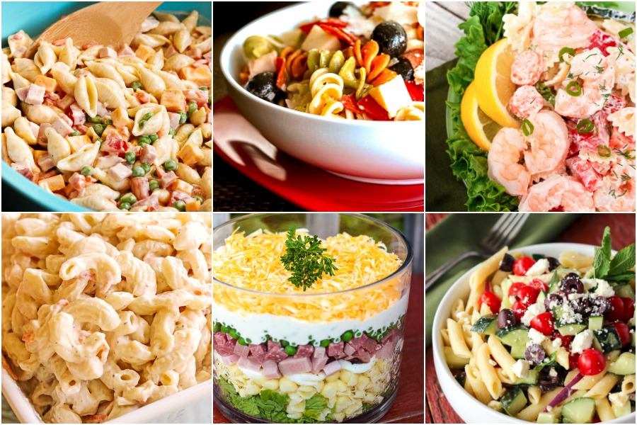 Collage of pasta salads including macaroni salad, shrimp salad, and pizza salad