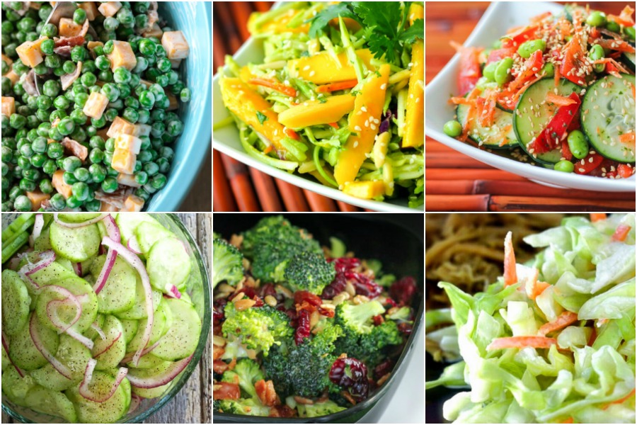 Collage of veggie side dishes including pea salad, cucumber salad, and broccoli salad