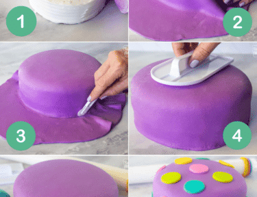 step-by-step photos showing how to cover a cake in fondant, including shaping and smoothing and adding decorations