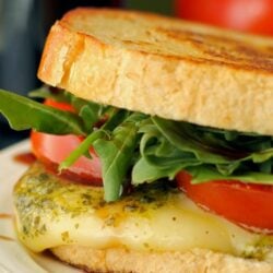 Close up of Grown Up Margherita Grilled Cheese Sandwich on a white plate.