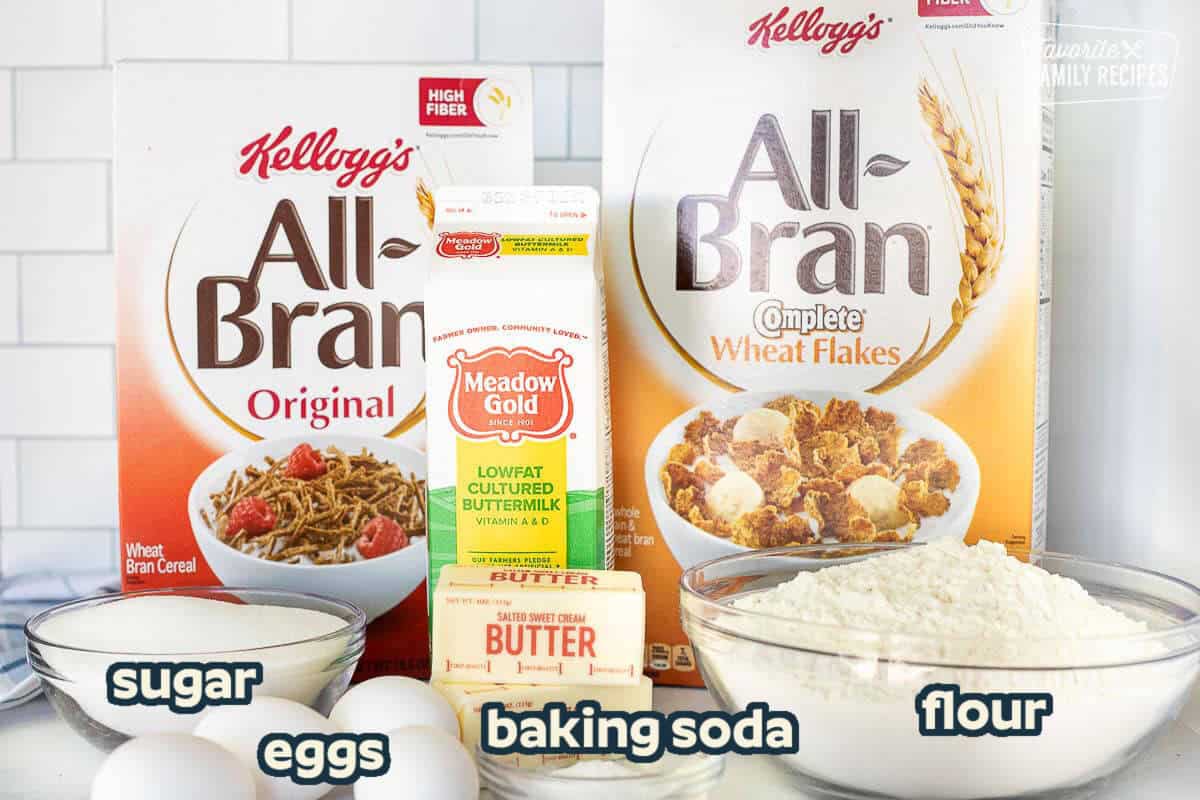These high-fiber cereal bran muffins are a favorite breakfast in our family. Perfect for families on the go that want something healthy and delicious. The best part is the batter keeps in the refrigerator for up to six weeks! Ingredients to make Bran Muffins including All-Bran flakes, All-Bran original cereal, buttermilk, butter, sugar, eggs, baking soda and flour.