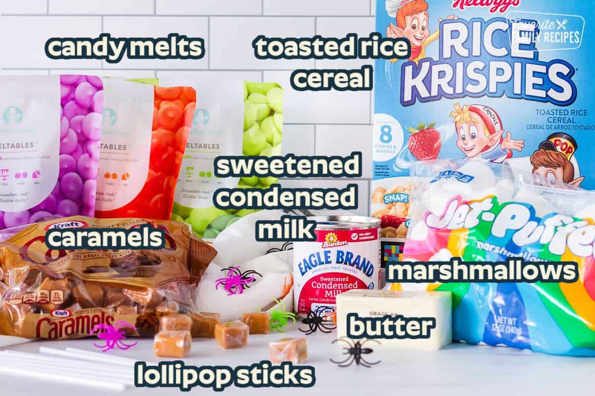 Ingredients needed to make Halloween Rice Krispie treats: Cereal, Marshmallows, Caramels, Sweetened Condensed milk, candy melts