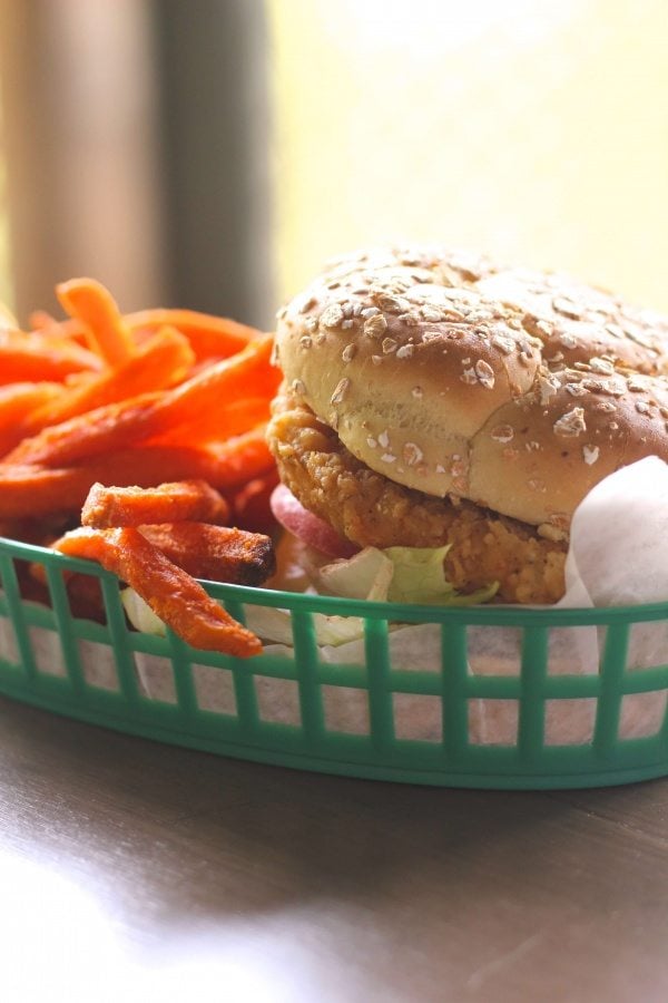 Crispy chicken sandwich with sweet potato fries. 