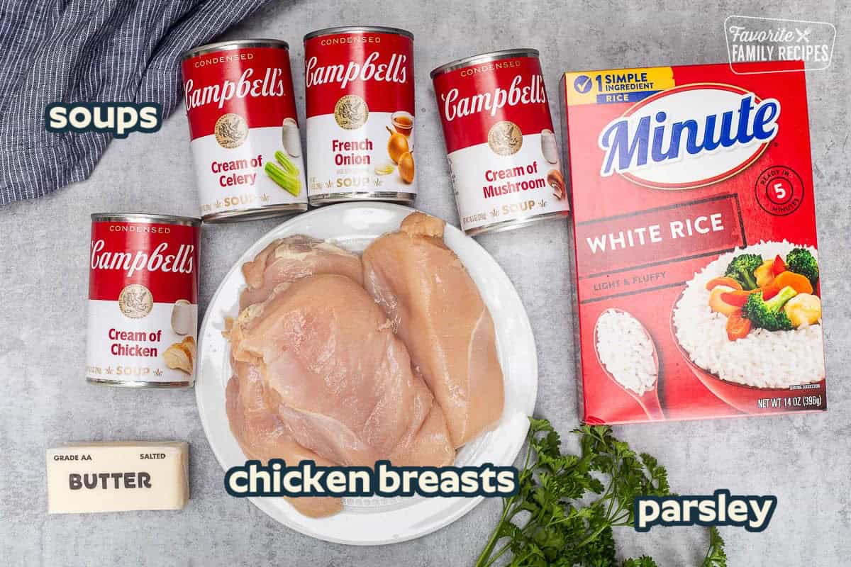 Easy Chicken Casserole ingredients: chicken breasts, rice, butter, condensed soups