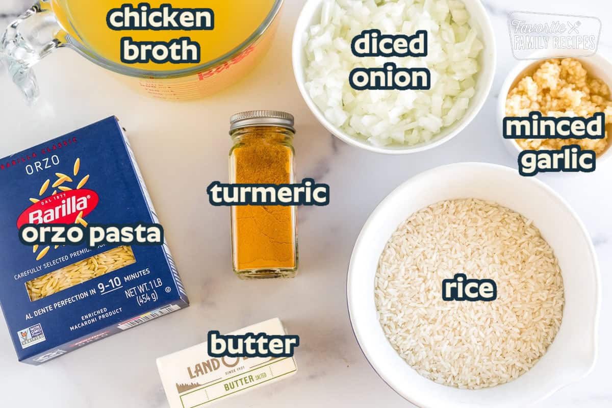 orzo, turmeric, butter, rice, garlic, onions, and chicken broth