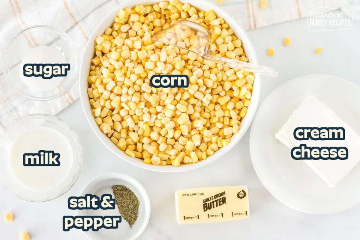 Frozen corn, butter, cream cheese, salt, pepper, sugar and milk for Creamed Corn.