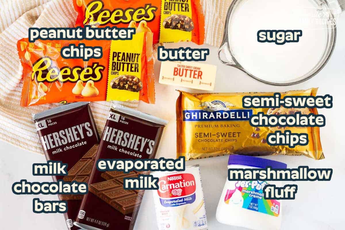 Reese's Peanut Butter Chips, butter, sugar, chocolate chips, Hershey's Bars, evaporated milk, and marshmallow creme for Fudge.