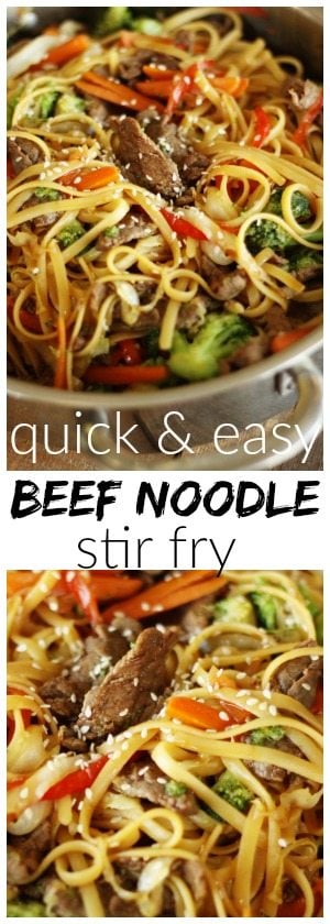This Quick & Easy Beef Noodle Stir Fry can be made in just 20 minutes! Tender beef, fresh veggies, and noodles tossed together in a delicious savory sauce.