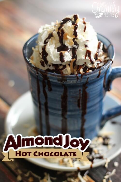 Almond Joy hot chocolate in a blue mug.