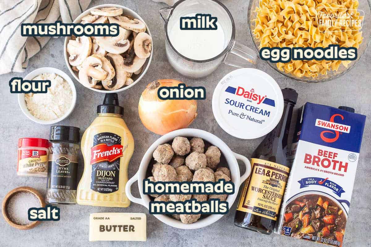 Ingredients needed for Meatball Stroganoff including meatballs, mushrooms, onions, and egg noodles.