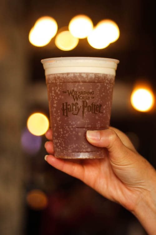 Someone holding up a cup of Harry Potter Butterbeer