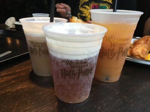 Butterbeer, pumpkin juice, and frozen butterbeer at Wizarding World of Harry Potter Food