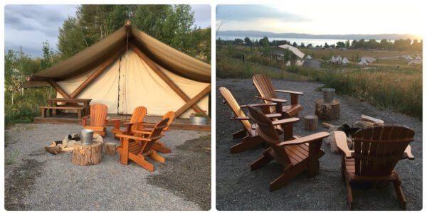 Two photos with a tent and wooden chairs around the fire. 