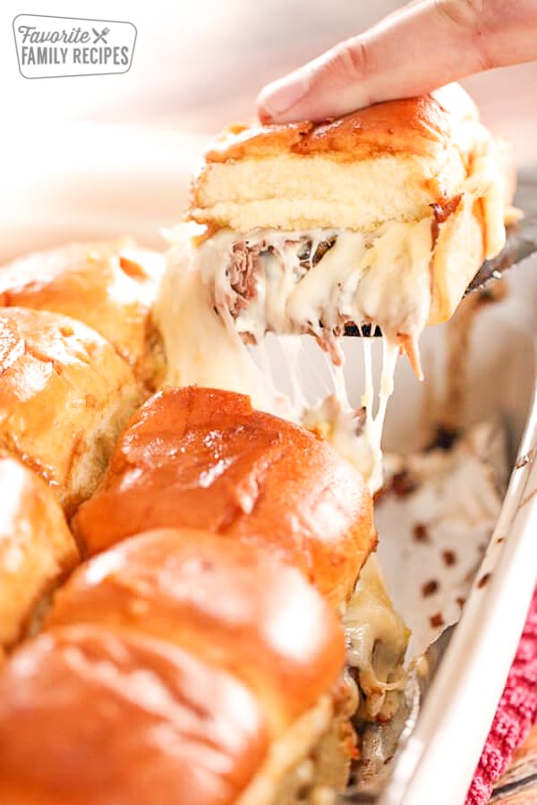 These Mushroom Swiss Roast Beef Sliders make the perfect appetizer! Tender beef with a tangy blue cheese horseradish sauce, these are to die for! Mushroom Swiss Beef Sliders from an above angle.