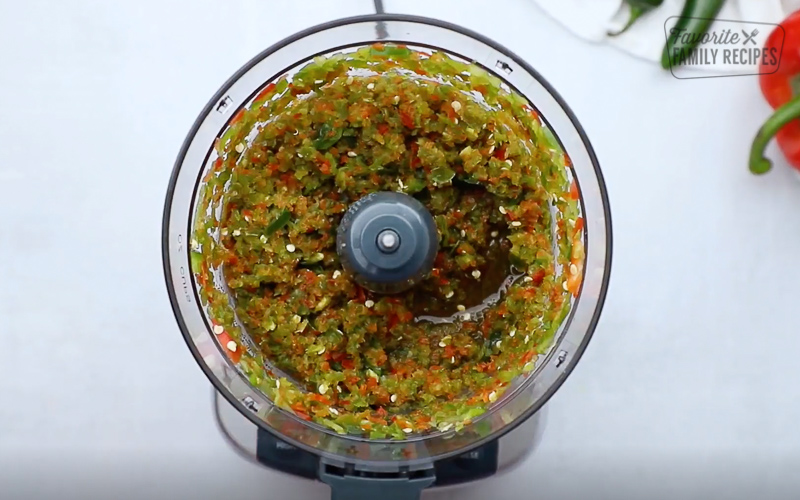 Peppers chopped up in a food processor