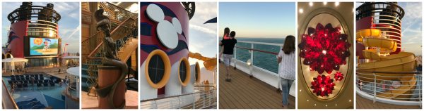 A collage of pictures showing the exterior of the Disney Wonder ship.