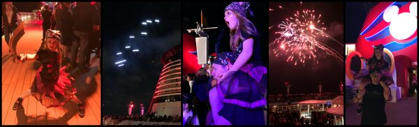 A collage of Pirate Night highlights on a Disney Cruise ship.