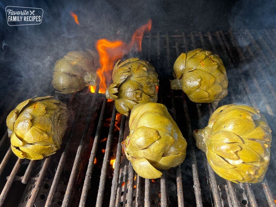 Artichoke halves on the grill.