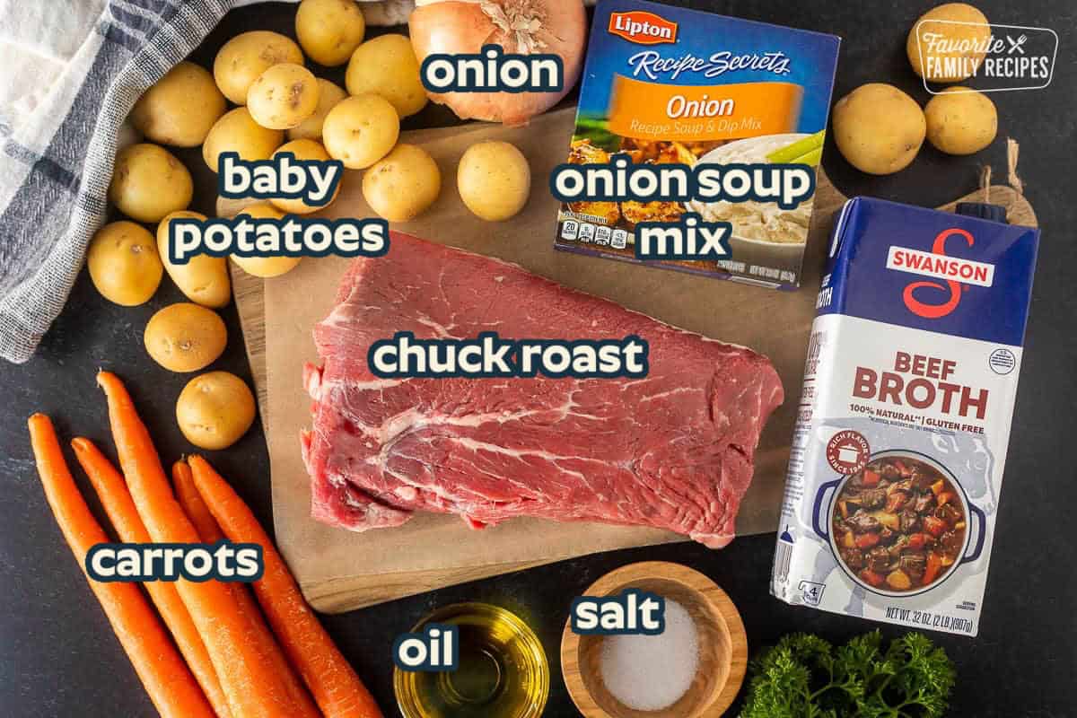 Ingredients to make Instant Pot Chuck Roast including beef roast, beef broth, onion soup mix, baby potatoes, onion, carrots, olive oil, and salt.