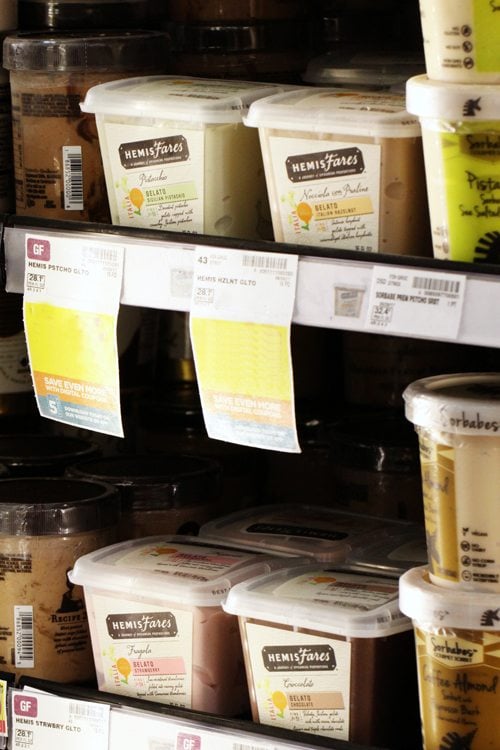 Gelato flavors in a refrigerator. 