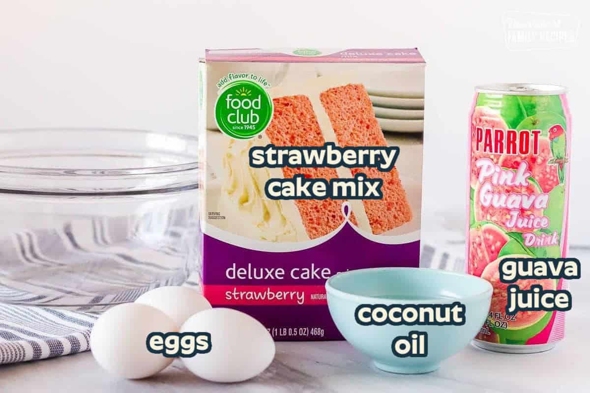 Ingredients to make Hawaiian guava cake including strawberry cake mix, eggs, guava juice, and coconut oil.