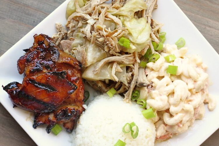 Hawaiian Lunch plate with pork, white rice, mac salad, and teriyaki chicken.