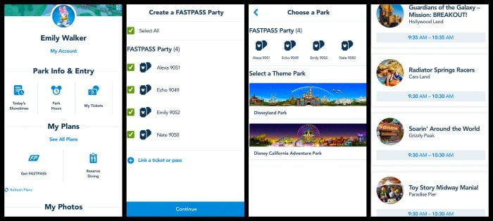 Emily's FASTPASS screenshots for rides at Disneyland. 