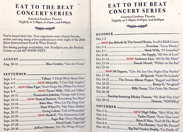 Eat to the Beat Concert Series Schedule at the Epcot Food and Wine Festival Walt Disney World.