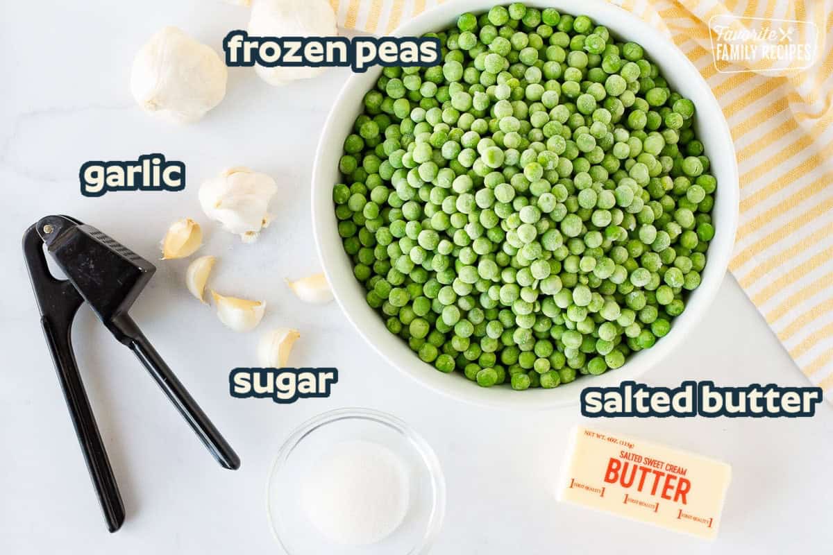 Ingredients needed to make frozen peas: frozen peas, sugar, butter, garlic and a garlic press.