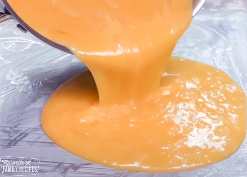 Caramel pouring into a pan