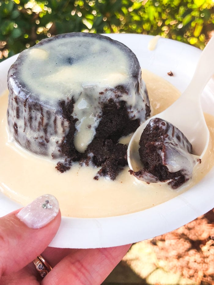 Chocolate pudding drizzled over chocolate cake. 