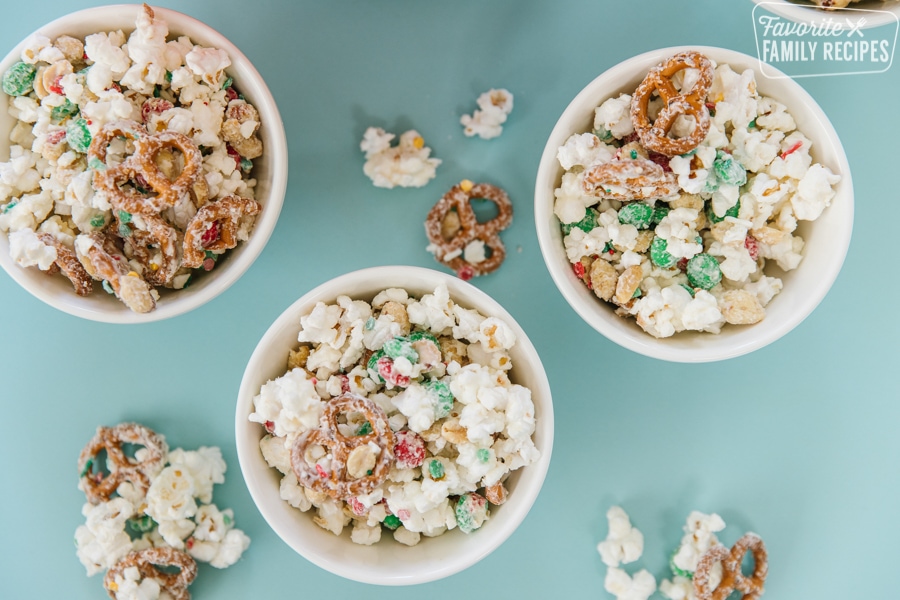 Christmas popcorn in white bowls. 