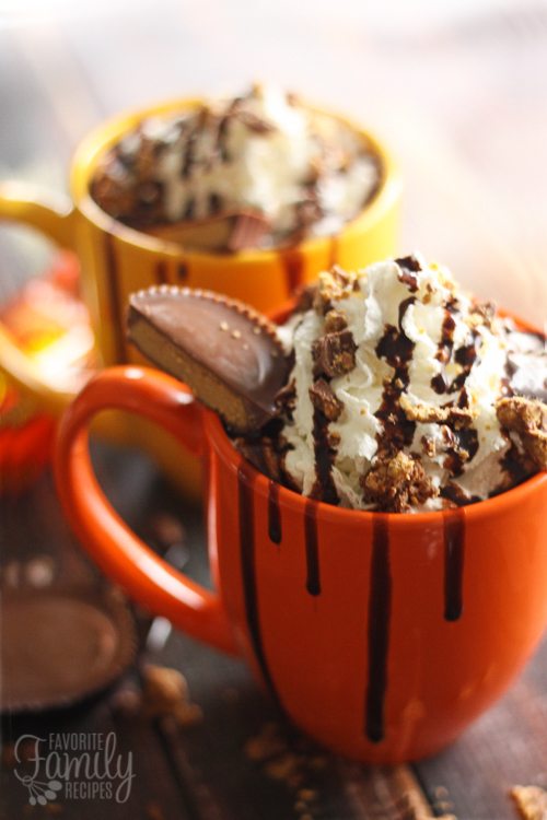 Reese's hot chocolate with whipped cream in a two mugs back to back to each other. 