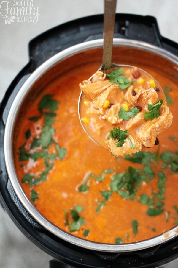 A ladle filled with Instant Pot Chicken Enchilada Soup being lifted from an Instant Pot filled with the soup